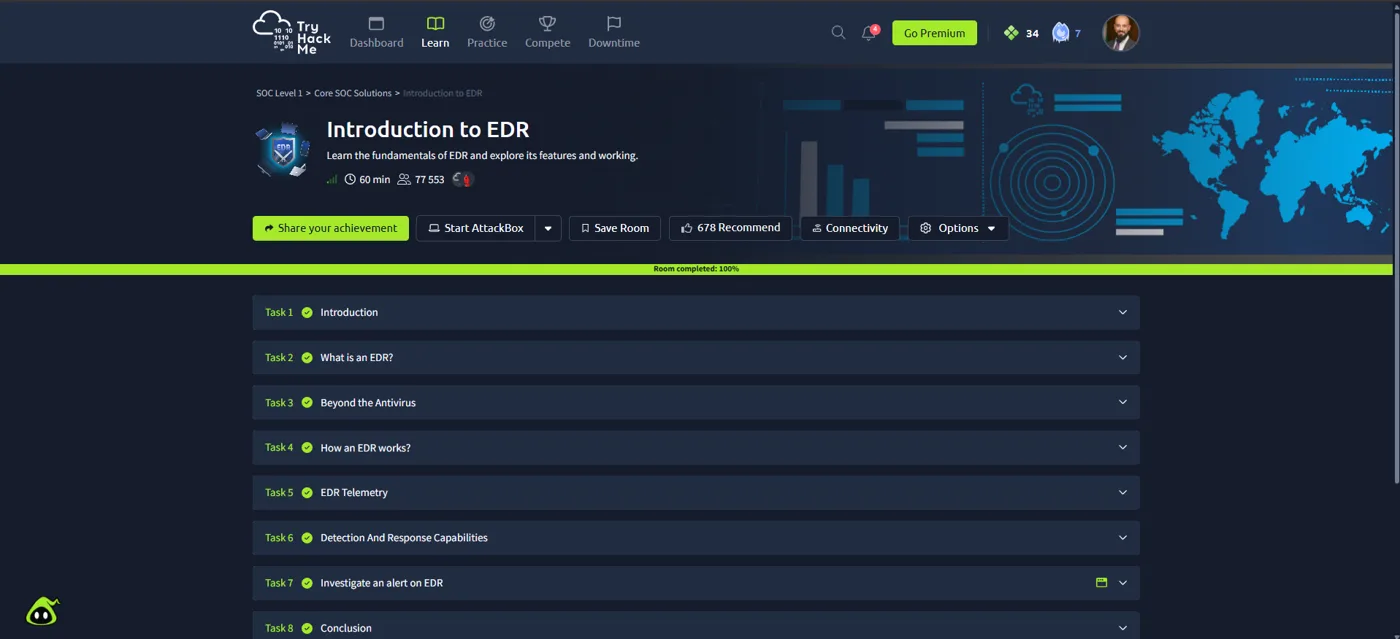TryHackMe Introduction to EDR room completed 100 percent