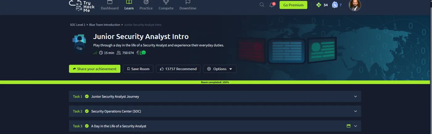 TryHackMe Junior Security Analyst Intro room completed 100 percent
