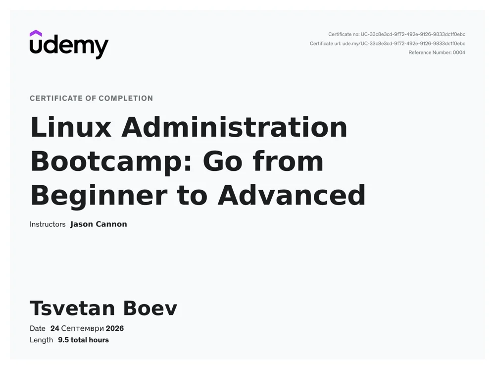 Udemy certificate of completion: Linux Administration Bootcamp, Tsvetan Boev, 24 September 2026, 9.5 total hours